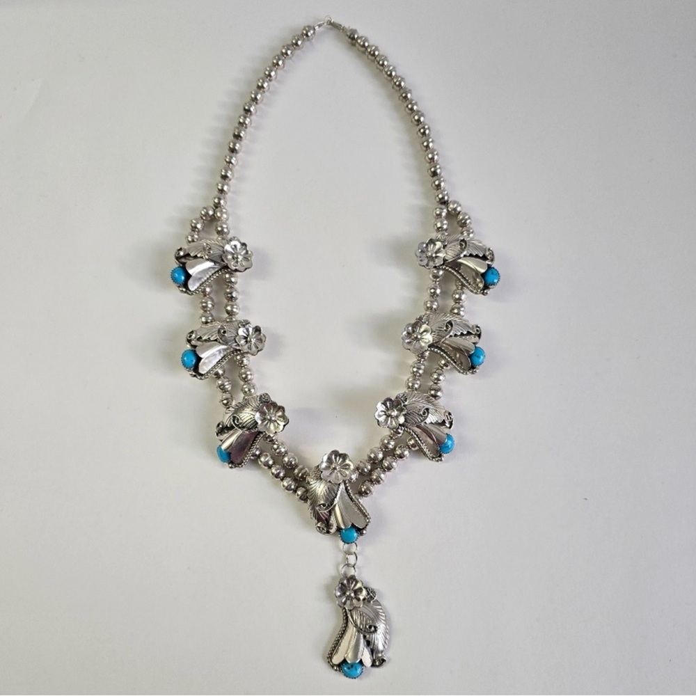 Sterling Silver 925 and Turquoise Floral Squash Blossom Necklace - Picture 6 of 16